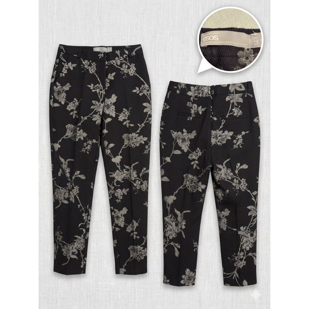ASOS Metallic Silver Floral Jacquard Trouser Pants Black Size 2 Crop Flare